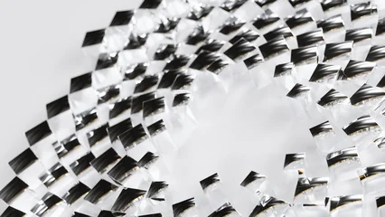 Transparent glass cubes are arranged in a repeating circular pattern on a bright white abstract Background © Ocelia_Mg