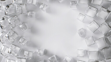 Transparent glass cubes are arranged in a repeating spiral pattern on a bright white abstract Background © Ocelia_Mg