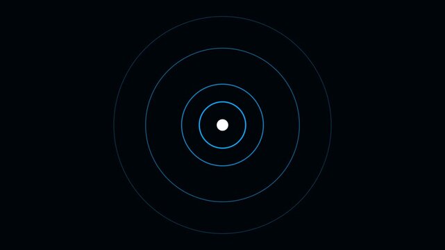 Atomic shells pulsing with concentric blue rings around a central nucleus on black background