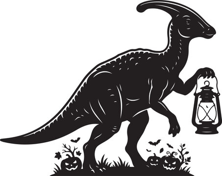 Parasaurolophus dinosaur with lantern. Spooky Halloween prehistoric creature illustration., Generative Ai