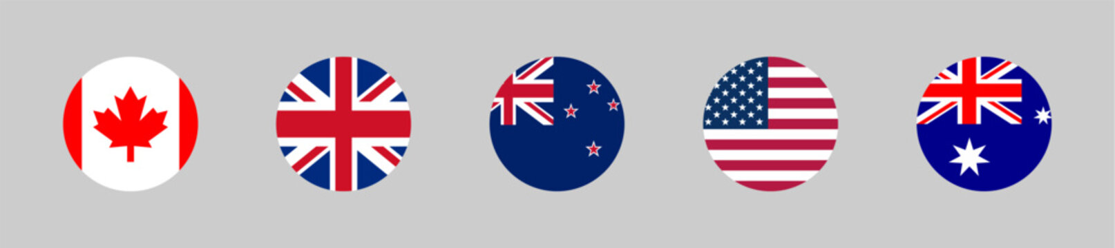 Canada United Kingdom New Zealand United States Australia flags in circular badges set, national symbols collection, international countries icons, global identity vector illustration