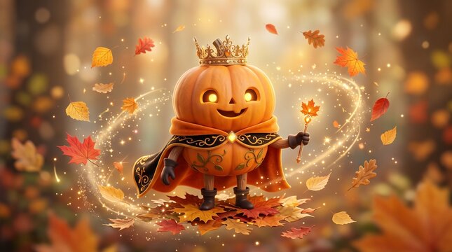 Adorable pumpkin king character wearing a golden crown and a black cape holding a magic wand in a magical forest with swirling fall leaves