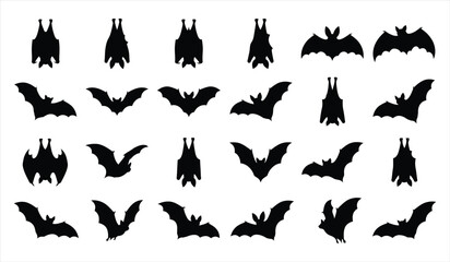 Fototapeta premium Set of black bat silhouettes in various flying and hanging positions perfect for spooky halloween party decoration design elements