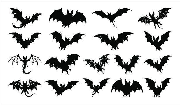 Set of black bat silhouettes flying in different poses for halloween holiday decorations and spooky party design elements collection