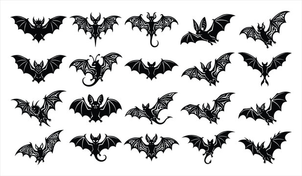 Set of hand drawn black ink bat silhouettes for halloween decorations isolated on a plain white background design element