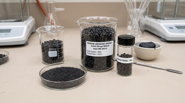 Laboratory beakers containing black plastic polymer pellets for industrial testing and research.