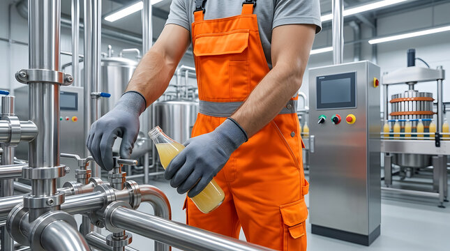 Factory Worker in Orange Overalls Sampling Juice from Stainless Steel Pipeline in Beverage Plant