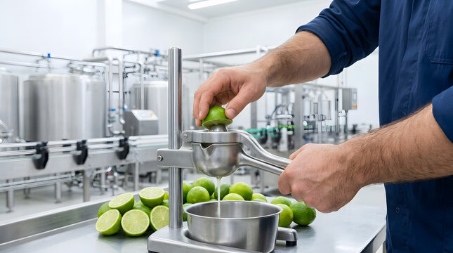 Worker Squeezing Fresh Lime with Manual Citrus Press in Juice Production Facility