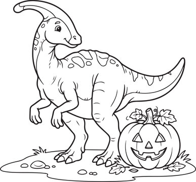 Cute parasaurolophus dinosaur coloring page. Halloween line art with a jack-o-lantern., Generative Ai