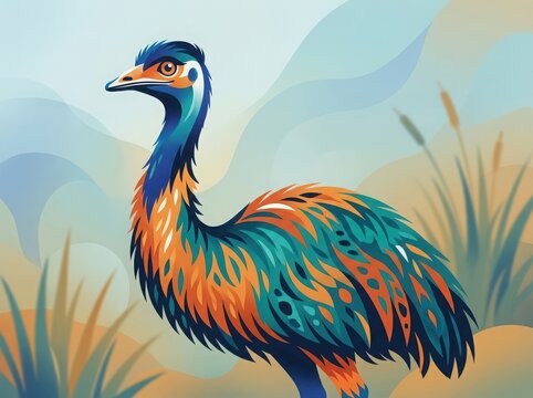 Colorful emu bird standing in the grassy australian outback landscape with bright plumage and artistic style