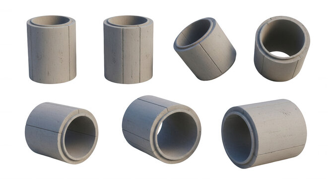 concrete drainage pipe pieces arranged on a white background construction materials ready to use