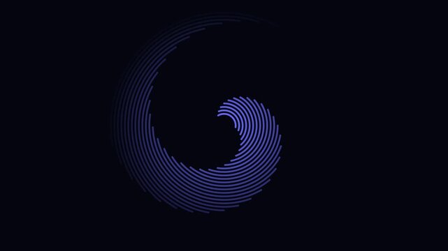 Blue glowing spiral arcs with dashed lines rotating on a black background for motion design