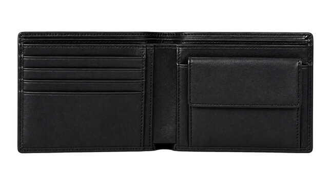 Open black leather wallet displaying card slots isolated on transparent background