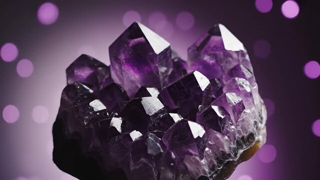 Natural purple amethyst crystal cluster rotating slowly against a dark background with bokeh lights