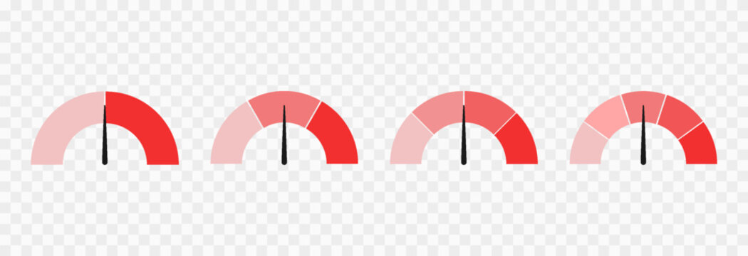 Set of colorful indicator icons for speed, risk, and ratings, ranging from low to high. Gauge or dashboard PNG.