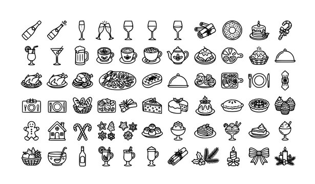 Premium Christmas Food and Drinks Editable Stroke Icon Bundle with Festive Dinner Vector