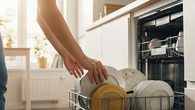 Person loading dirty dishes into dishwasher rack in modern kitchen, household chore, daily routine, home appliance usage, cleaning activity.