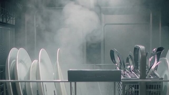 Clean dishes with steam inside dishwasher after washing cycle completion, sanitized tableware, hot steam rising, post-wash result, appliance efficiency.