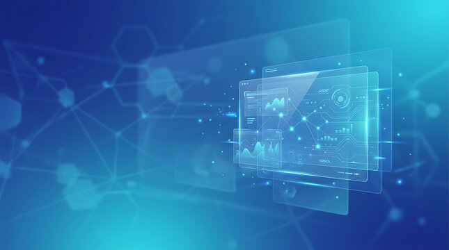 Abstract digital background with glowing blue data visualization and network connections.