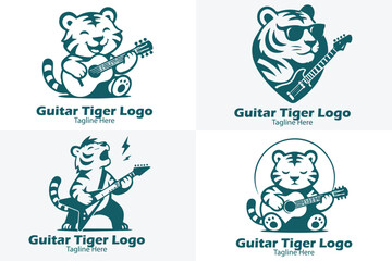 4 Premium Modern Minimalist Mascot Astronaut Guitar Tiger Logo Bundle Black and White Clean Vector.