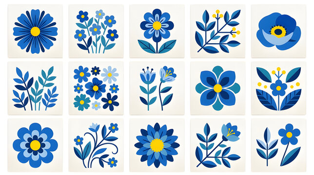 Blue floral tile collection featuring geometric flower icons, blue and yellow ceramic tile art motifs, Scandinavian folk flower patterns, decorative botanical elements set, minimalist spring daisy ill