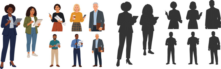 Obraz premium Diverse Business Professionals Character Vector Collection with Office Workers and Matching Silhouette Set