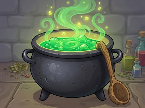 Black magic cauldron with bubbling green potion and wooden spoon on a stone table