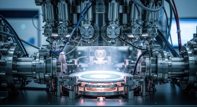 Atmospheric view of highvacuum diamond semiconductor CVD reactor with multiple gas inlets and precision substrate heating components.