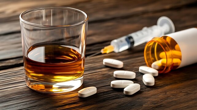 A glass of amber liquid next to a syringe and a bottle of white pills on a dark wooden table representing medical risks and substance abuse