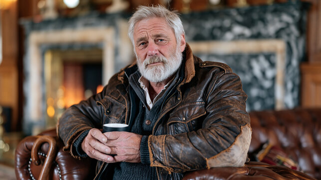 An elderly shepherd in worn leather jacket leans against a gleaming marble fireplace inside a grand luxury estate interior, weathered hands wrapped around a steaming mug, a crook resting nearby sugg