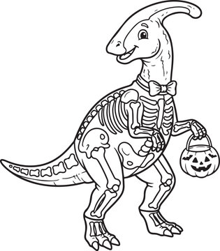 Cute dinosaur in skeleton costume. Halloween parasaurolophus coloring page for kids., Generative Ai