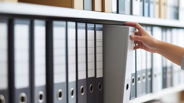 A hand reaching to grab a grey binder from a shelf filled with many organized office folders in a document archive storage room