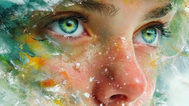 Surreal Face Illustration with Blue Green Eyes and Icy Paint Textures