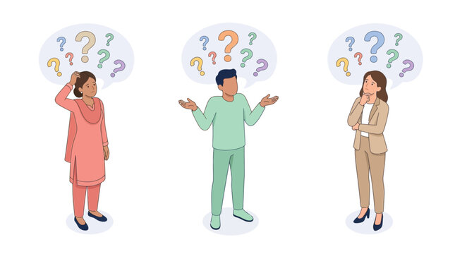 Diverse group thinking with question marks illustration.