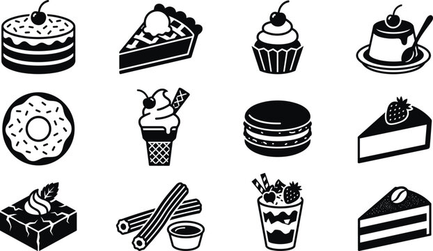 Minimalist Black Sweet Dessert Silhouette Icon Vector Set with Cake Cupcake Donut Ice Cream and Pastry Bakery Branding Elements