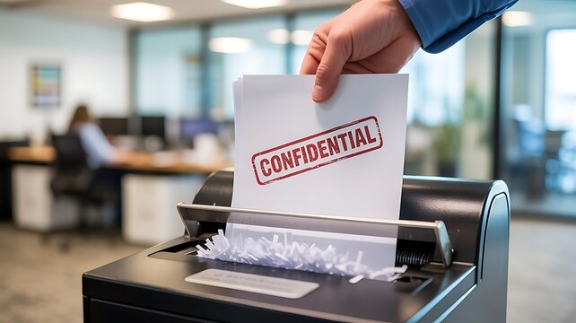 A person inserting a document labeled confidential into a paper shredder in an office setting to ensure data security and privacy protection