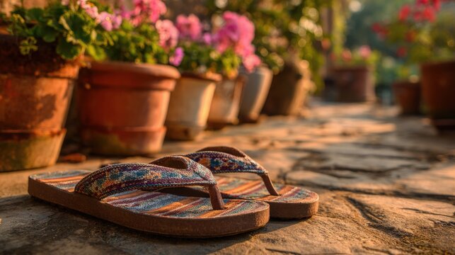 Worn Summer Sandals Resting on Stone Path Near Flowers