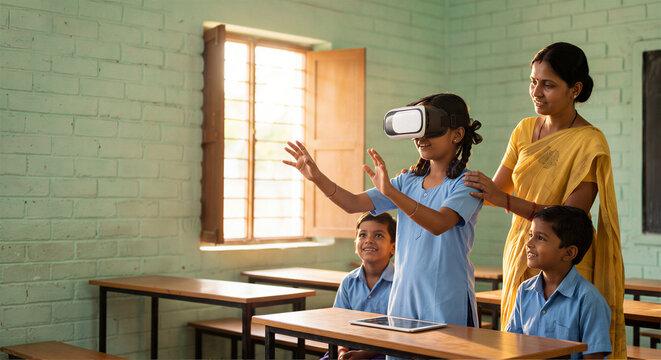 Rural Indian school girl using VR headset in village classroom for digital education