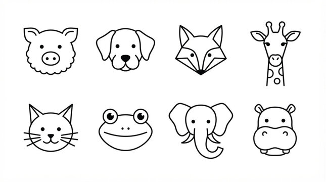Minimalist animal head line icon vector set featuring cute wild and domestic zoo characters in clean outline style