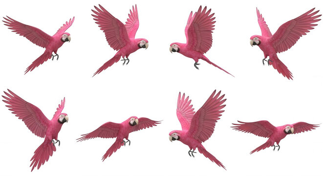 pink parrots in various flying poses against a white background educational content and design