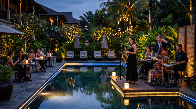 Jazz band performing by a swimming pool. Musicians playing music at an evening resort event.