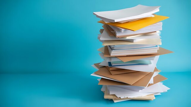 A tall, precarious stack of assorted office papers, documents, and envelopes resting on a vibrant, solid cyan blue background, with soft side lighting