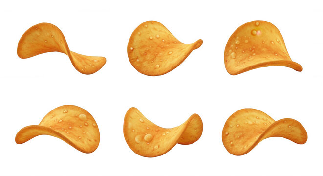 isolated potato chips variety of shapes and textures with glistening water droplets against a clean white background food product ads
