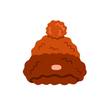 Flat vector illustration of a cozy fluffy knitted beanie hat with pompom, isolated on white. Cute autumn and winter headwear for apparel, textile, fabric, print and seasonal design.