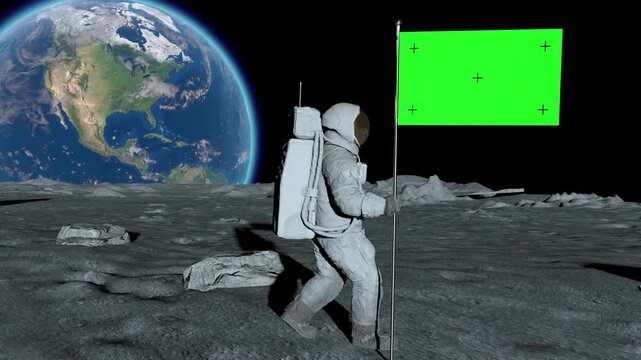 Lunar astronaut walks on the moon with green screen flag, placing a flag pole on the Moon surface, and salutes. You can track and add your flag with your logo. 3d rendering animation.
