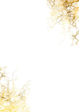 Gold foil pieces flake. Old gold frame with gold paper particles and gold flakes that shimmer. The gold foil border the isolated. Premium design, wedding, vip cover template, grand opening, flyer.