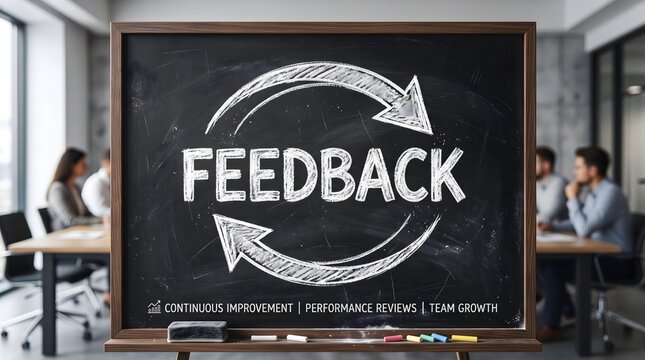 Feedback concept displayed on a chalkboard with circular arrows, symbolizing continuous improvement and communication