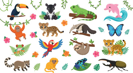 Fototapeta premium Cute Tropical Jungle Animals Collection with Toucan, Monkey, Leopard, Sloth, Frog, Butterfly, and Wildlife Characters Vector Set