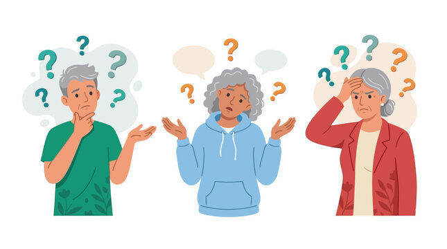 Senior adults expressing confusion with thought bubbles