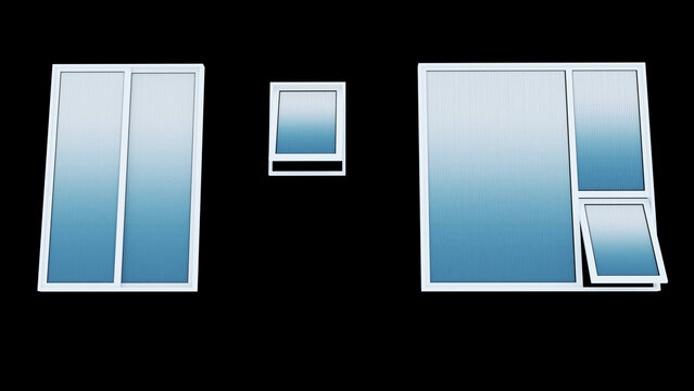 Modern frosted glass window set with white frames and open awning panels. Contemporary design suitable for residential architecture, building facades, interiors, construction and 3D visualization
